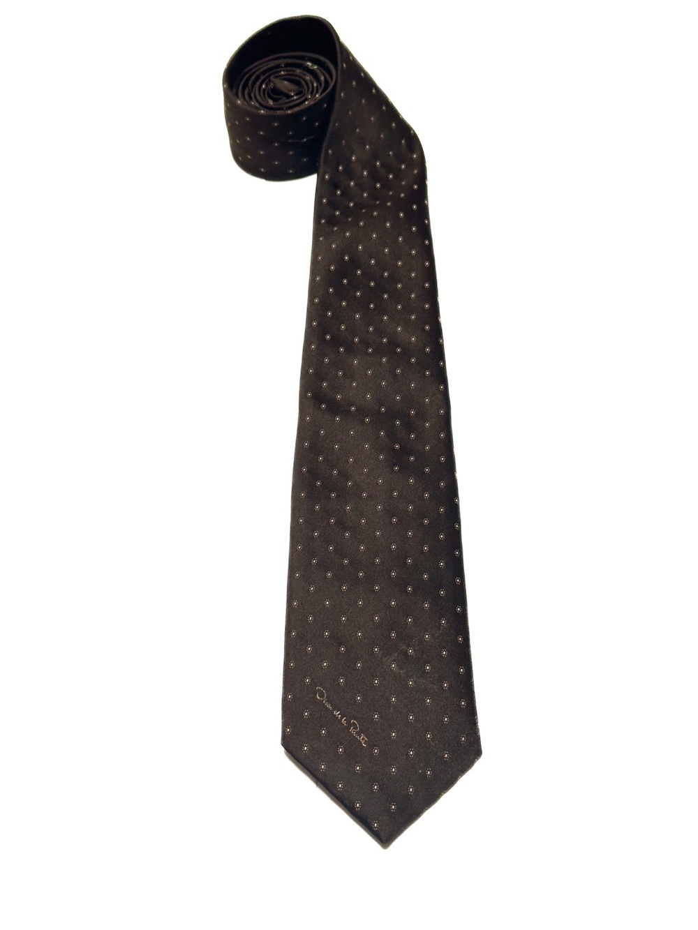 Vintage Oscar de la Renta Brown Geometric Micro Dot Floral Pattern Neck Tie - Picture 6 of 6